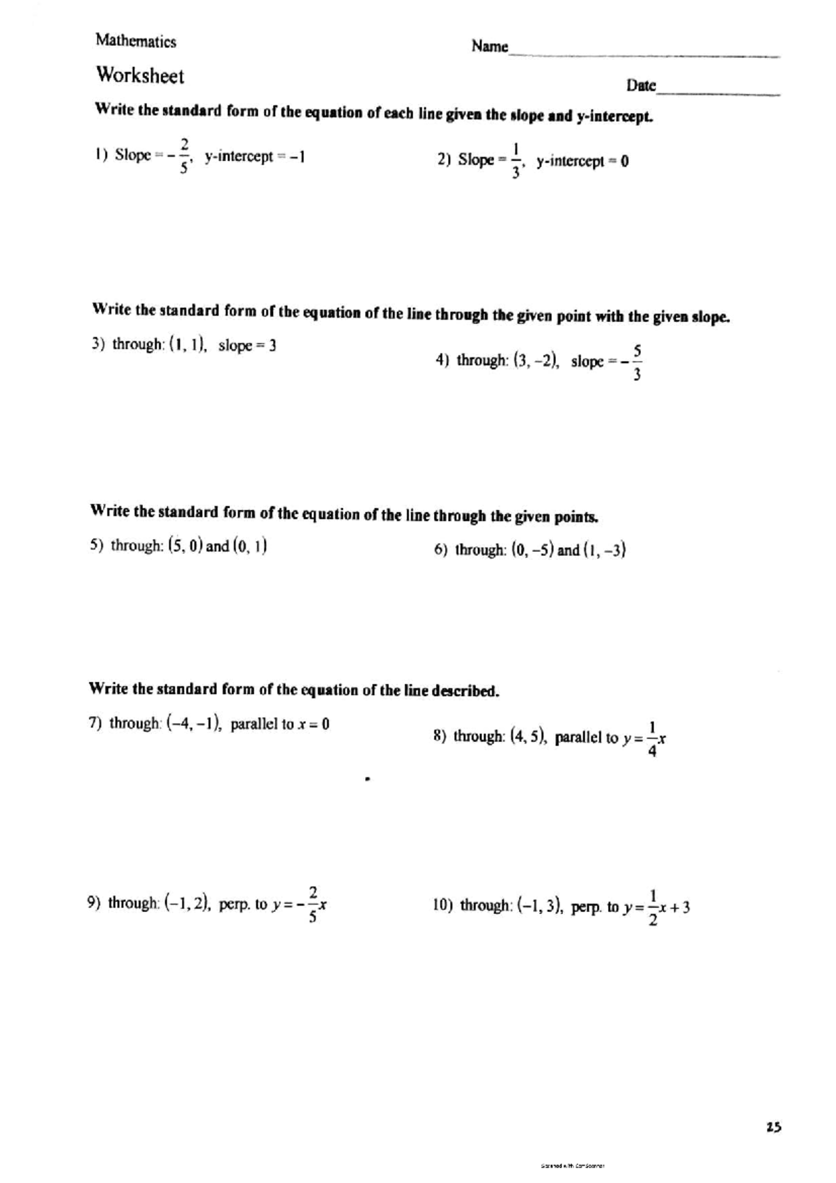 Math 25 Worksheet: Writing Linear Equations in Standard Form - Studocu