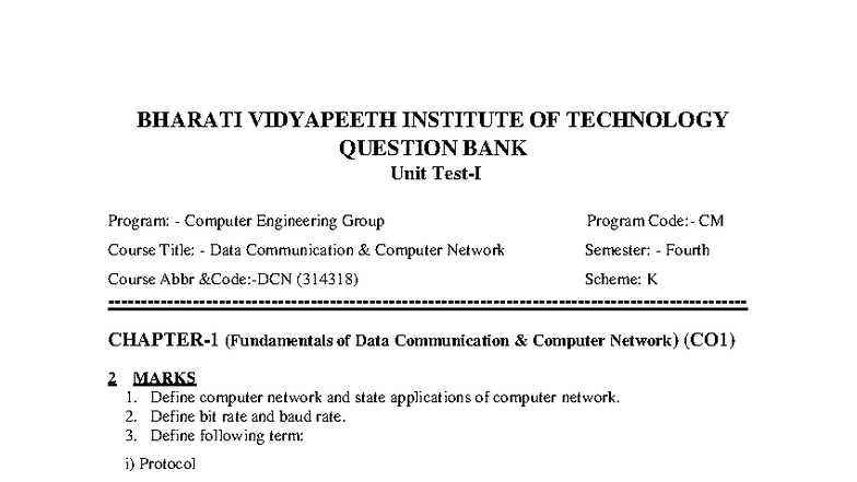 Sample Practice Paper for DCN (314318) - Data Communication - Studocu
