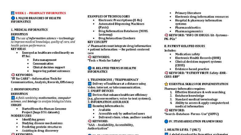 WEEK 1 PHARMACY INFORMATICS I: MAJOR BRANCHES OF HEALTH INFORMATICS ...