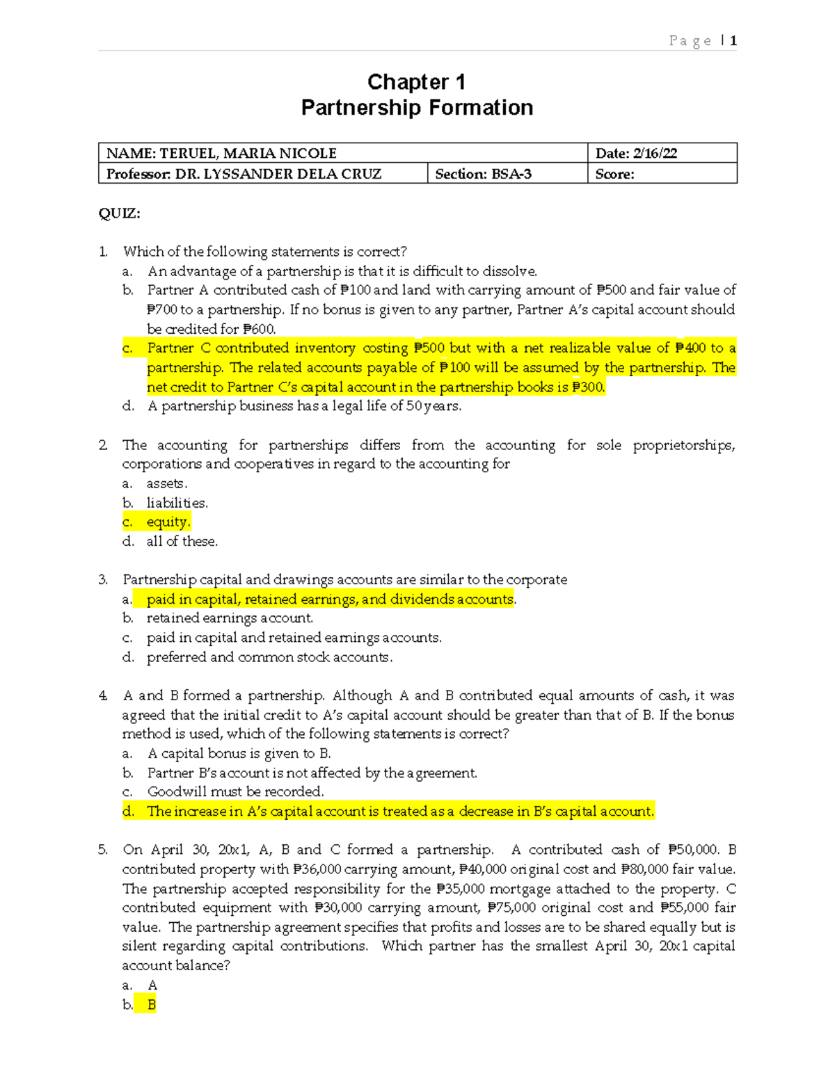 AFAR302 Quiz: Chapter 1 - Partnership Formation Insights - Studocu