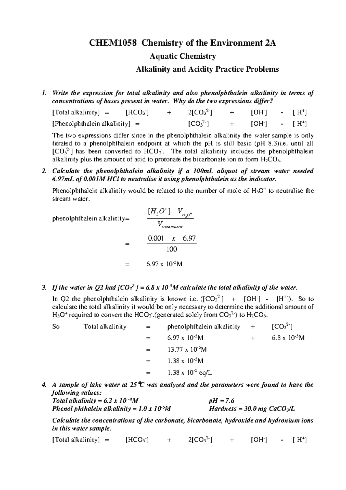 CHEM1058 Alkalinity & Acidity Practice Problems Solutions - Studocu