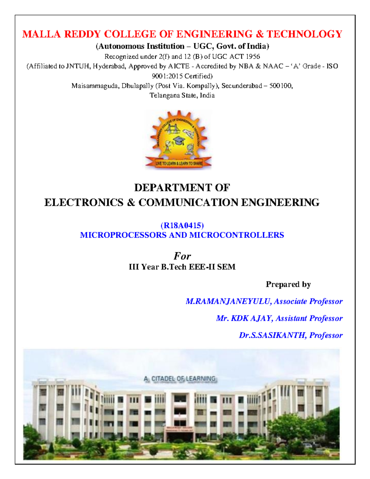 Microprocessors and Microcontrollers - MALLA REDDY COLLEGE OF ...