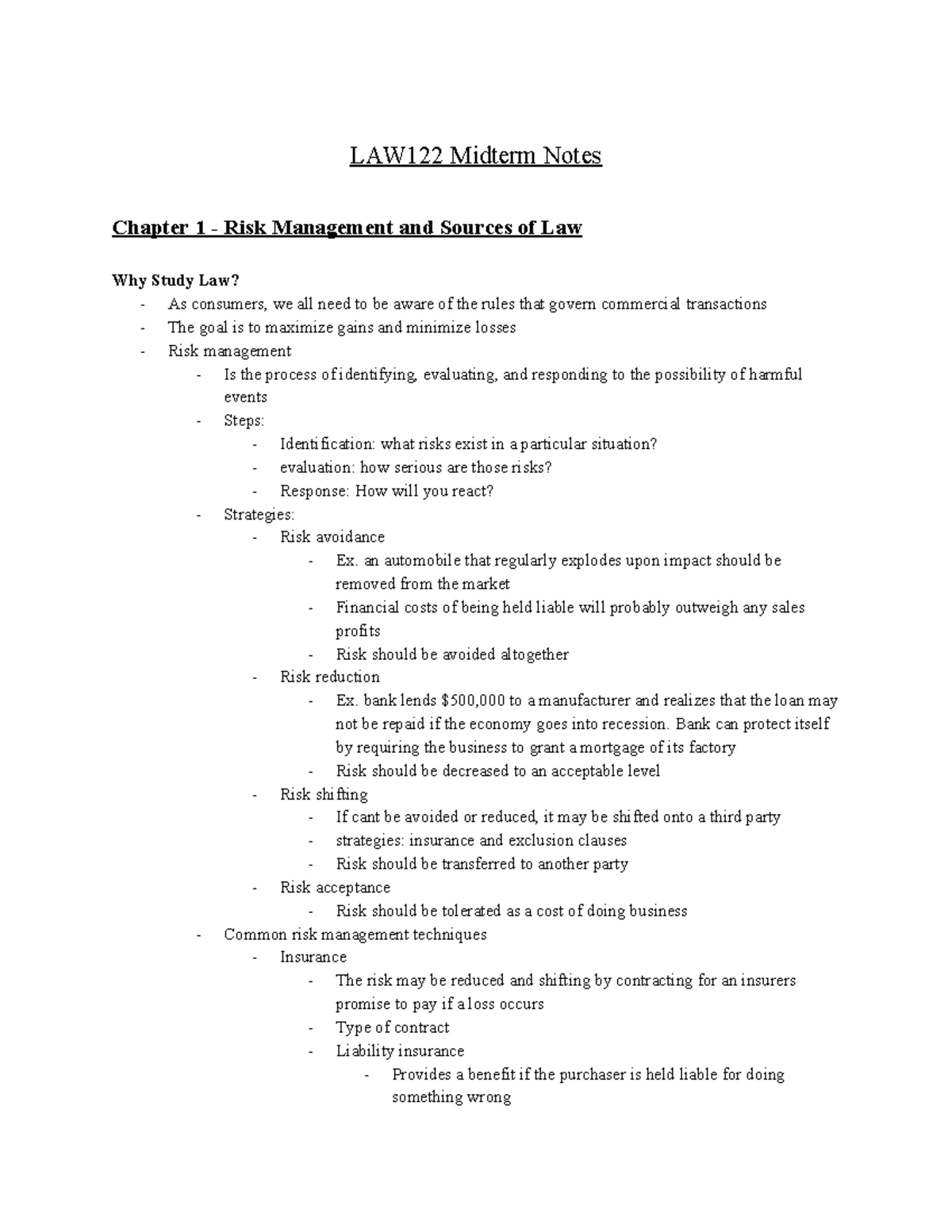 LAW 122 Midterm Notes - LAW122 Midterm Notes Chapter 1 - Risk ...