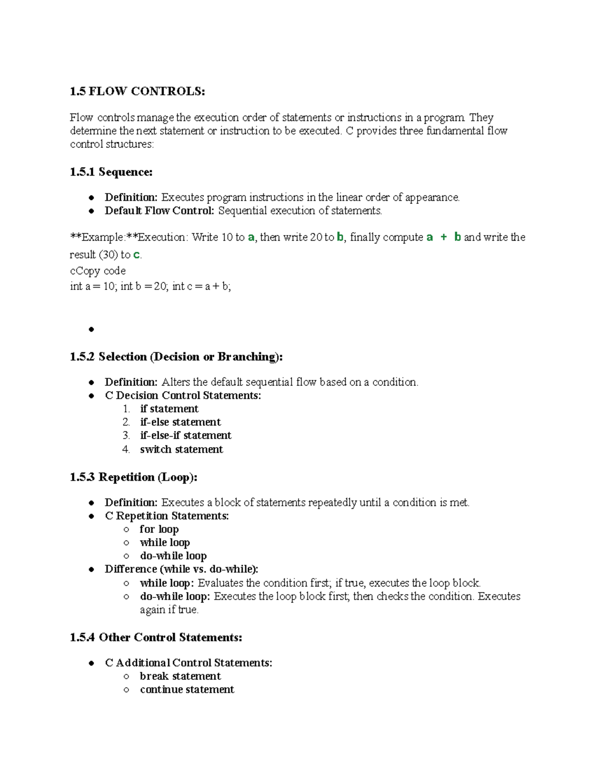 Flow controls in C programming: 264 notes on execution order - Studocu