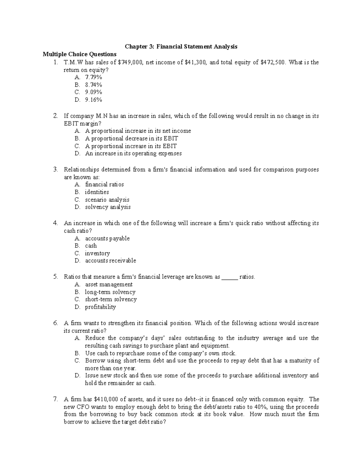 Chapter 3: Financial Statement Analysis MCQs and Problem Solving - Studocu
