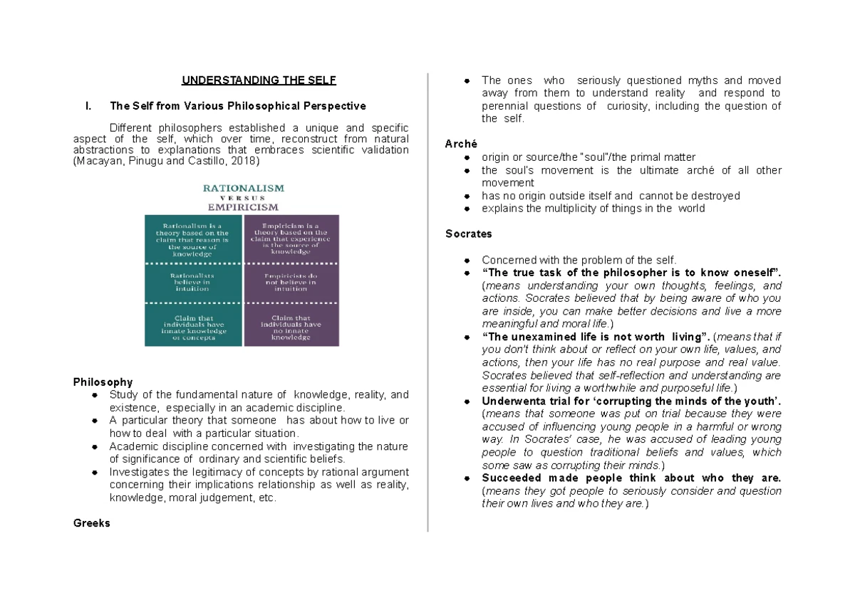 PSY 101: Lesson 1 - Philosophical Perspectives on the Self - Studocu
