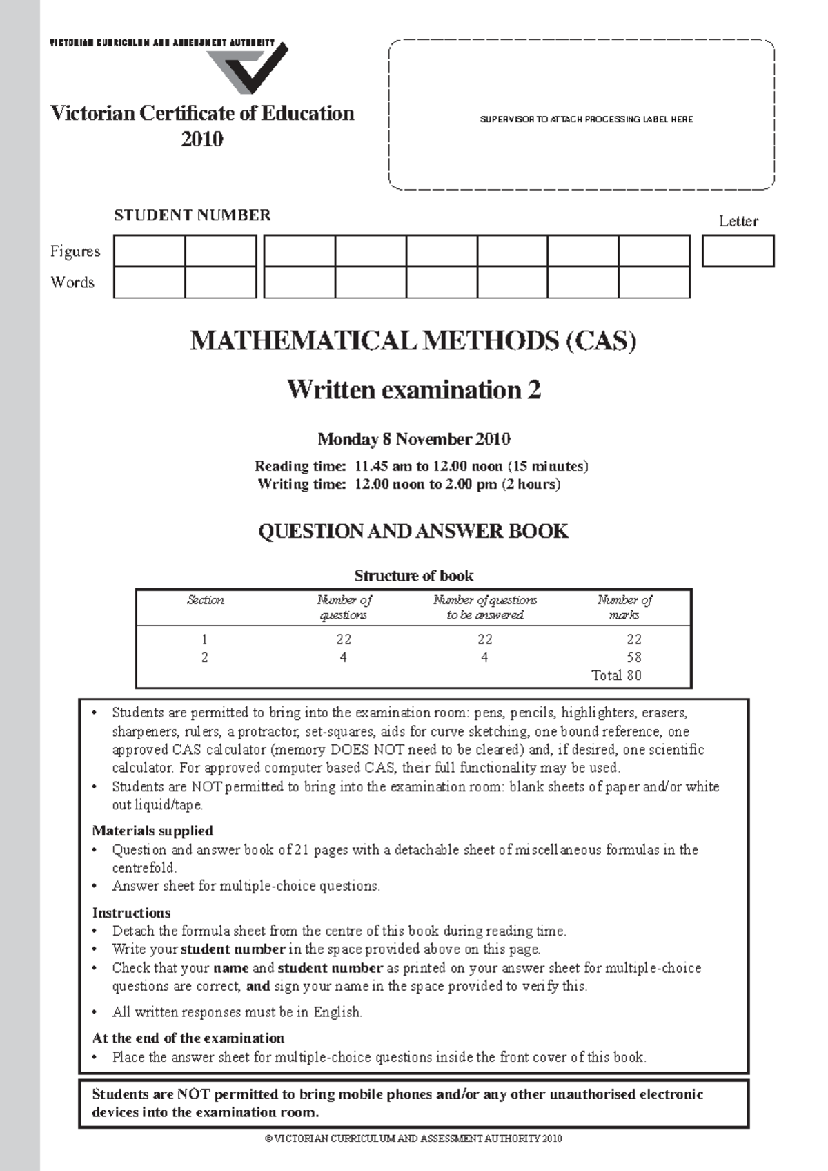 2010 MATHMETH(CAS) Exam 2 - Complete Question & Answer Guide - Studocu