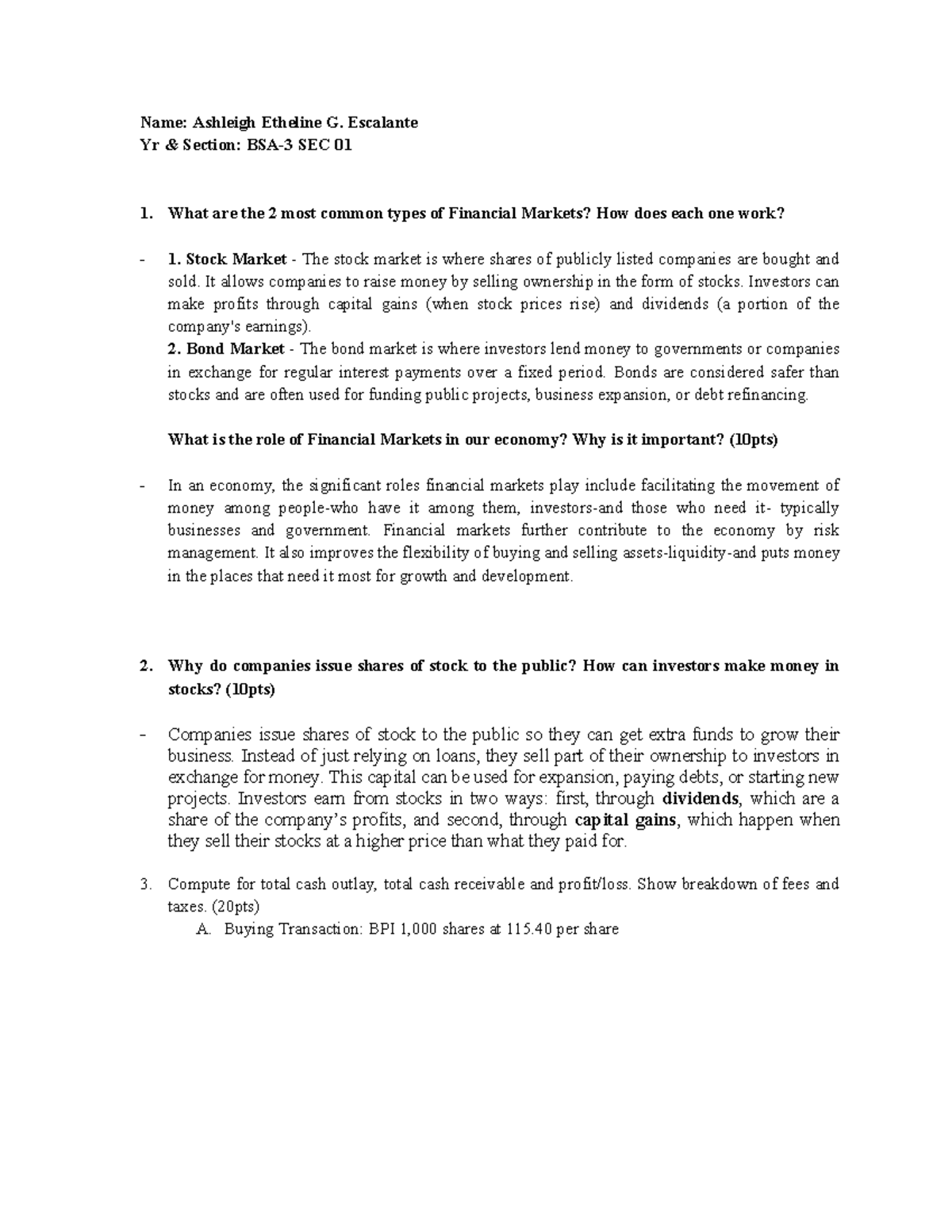 Escalante - FIN 101 Prelim Exam: Financial Markets Overview - Studocu