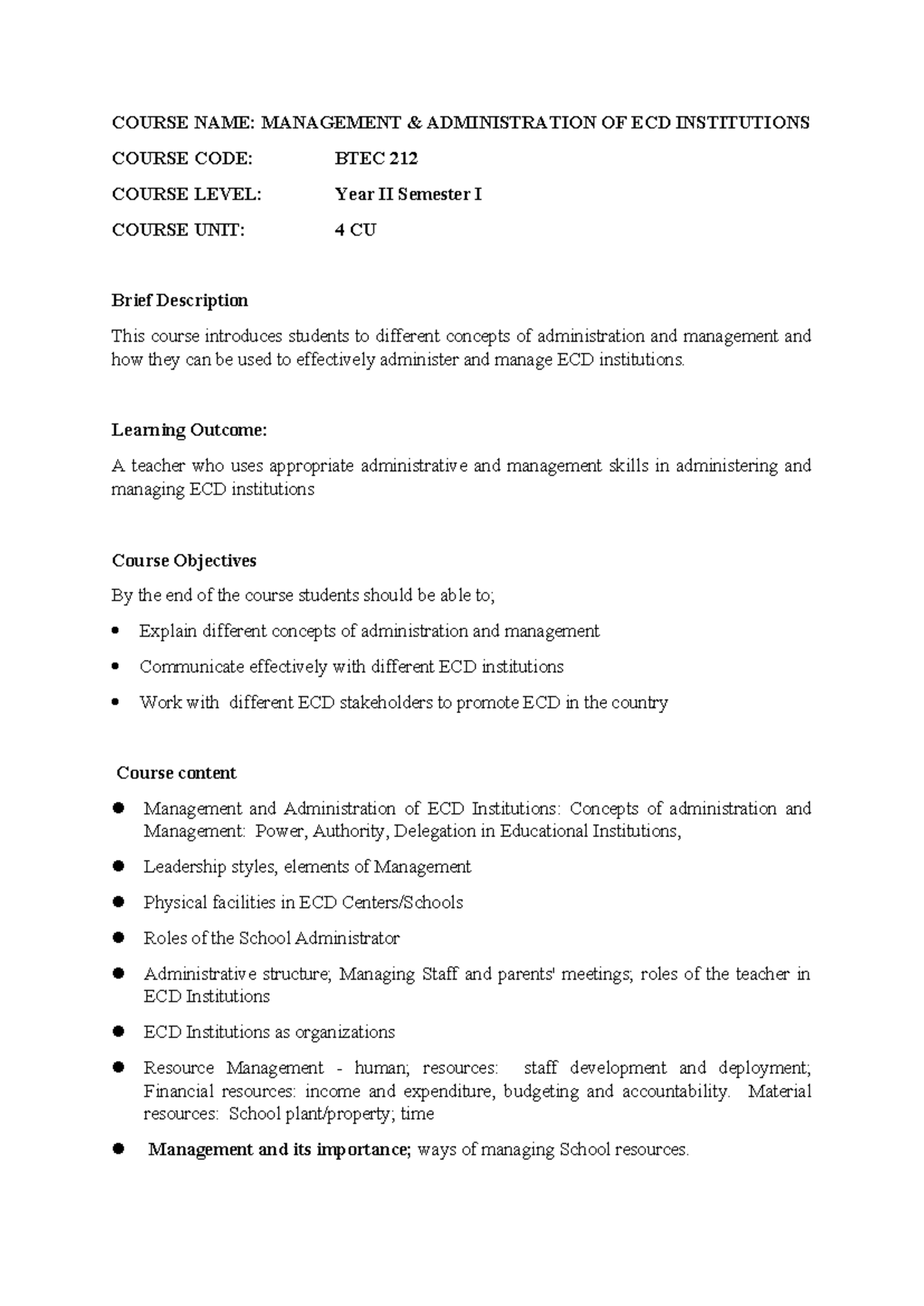 Management and Administration of ECD Institutions: BTEC 212 Notes - Studocu