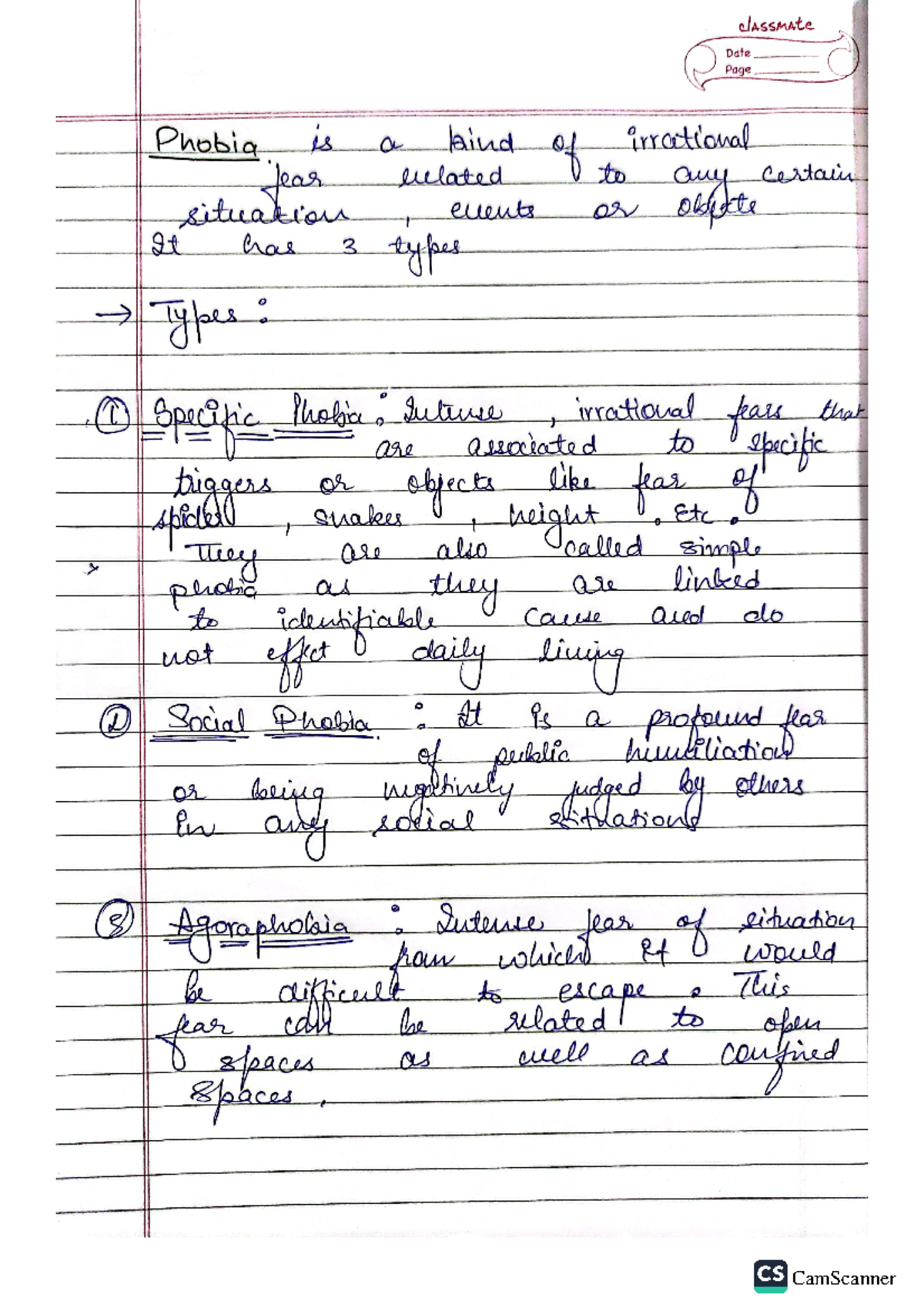 Anxiety Disorder - Notes - classmate Date Page Phobia is a bind of ...