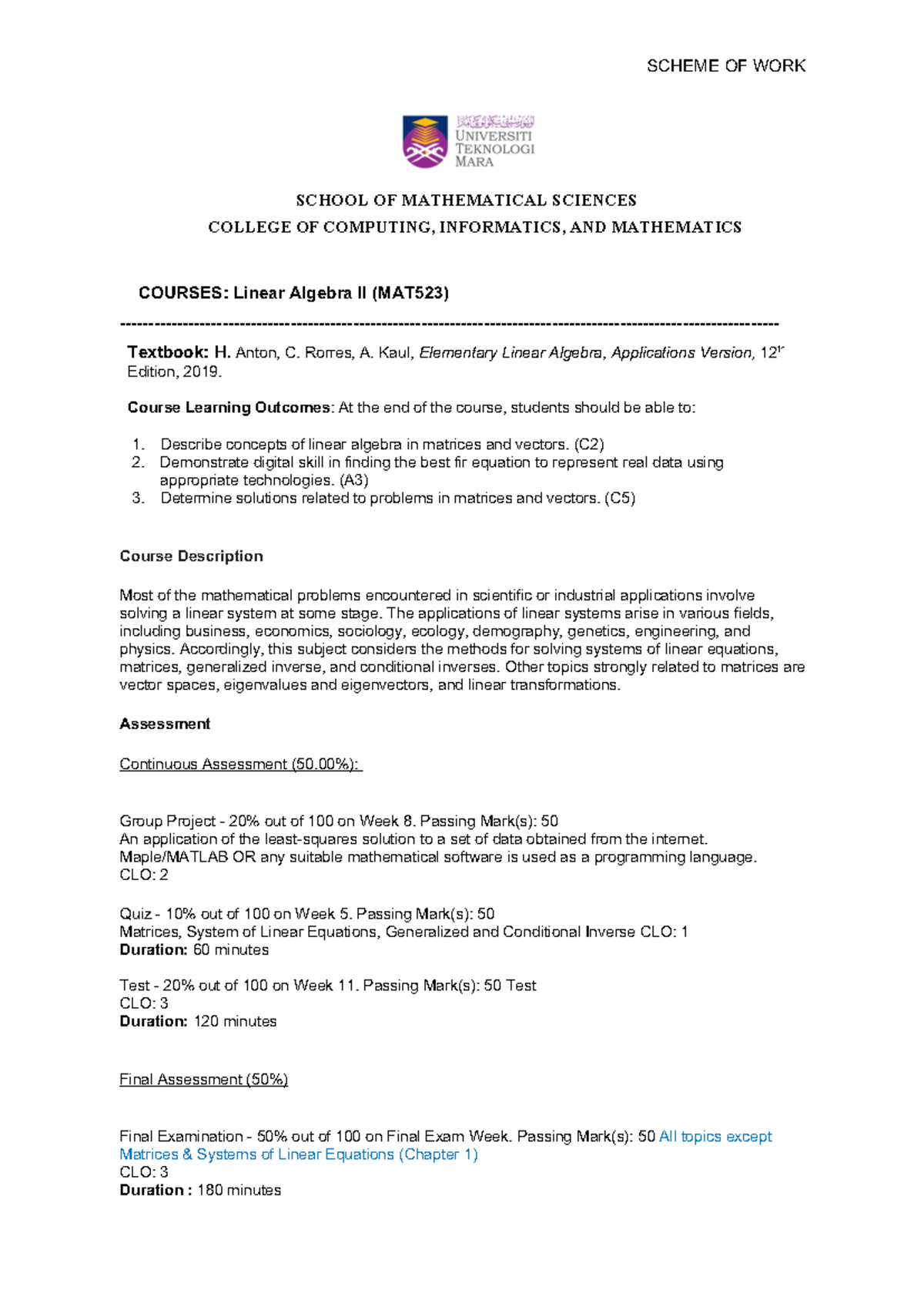 [MAT523] Scheme of Work for Linear Algebra II - Oct 2024 - Studocu