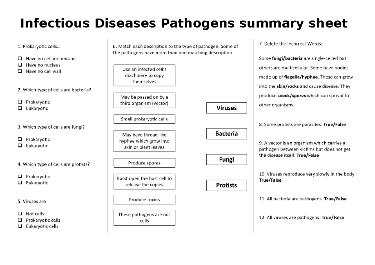 Pathogens Summary Sheet: Prokaryotic & Eukaryotic Cells Overview - Studocu