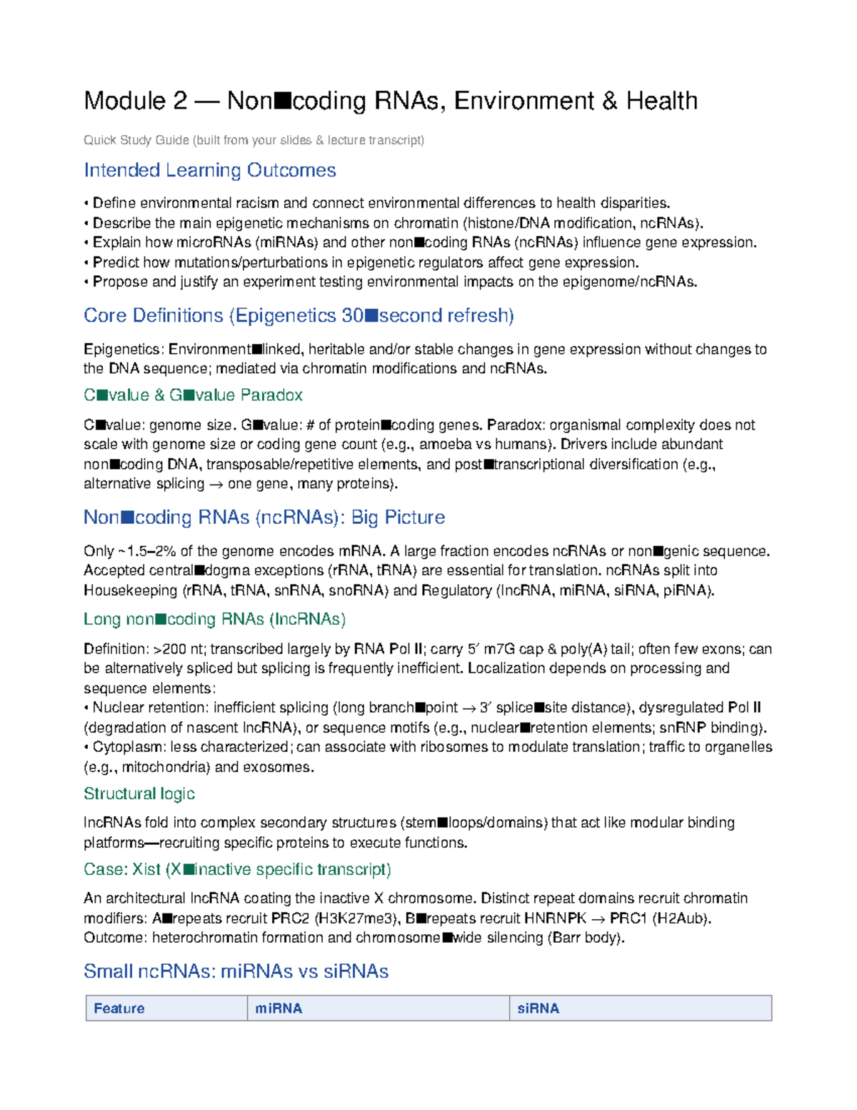 Module 2 — Non-coding RNAs: Environment & Health Study Guide - Studocu