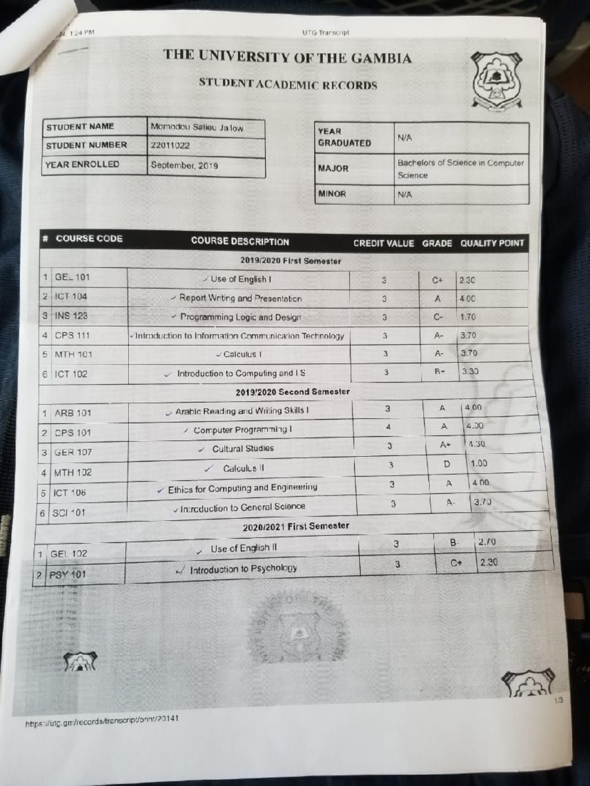University Transcript - Computer Science - Studocu