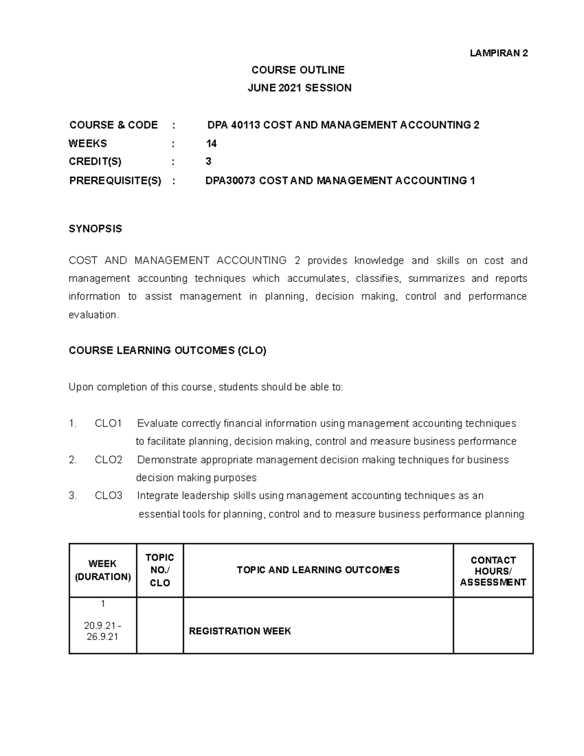 DPA 40113 - Course Outline for Cost & Management Accounting 2 - Studocu