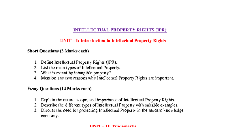 IPR ( Intellectual Property Rights)- Questions - INTELLECTUAL PROPERTY ...