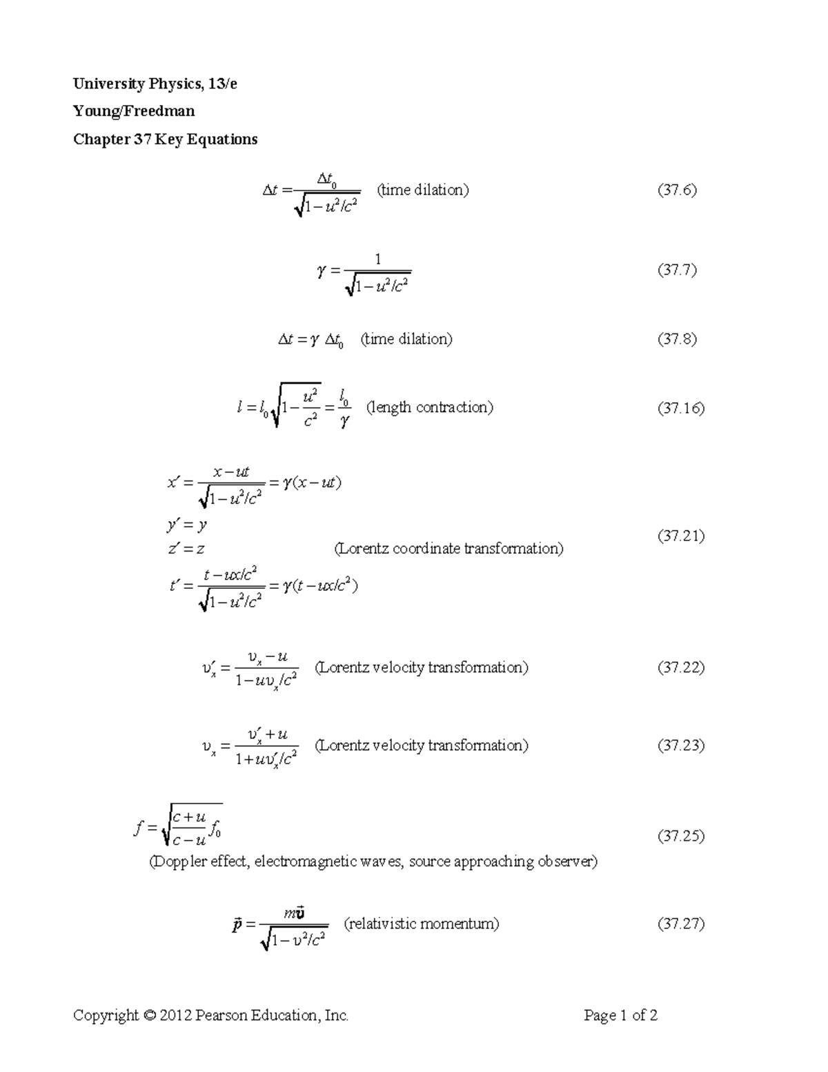 Chapter 37 Key Equations in Modern Physics: Essential Formulas - Studocu