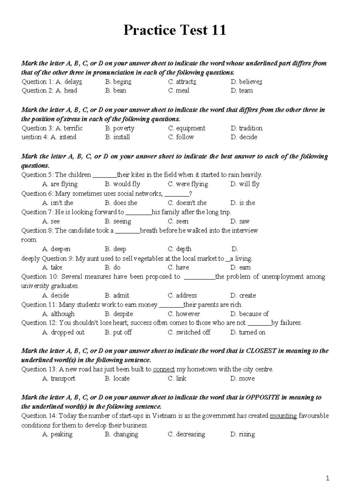Test 11 - Pronunciation and Stress Practice Questions - Studocu