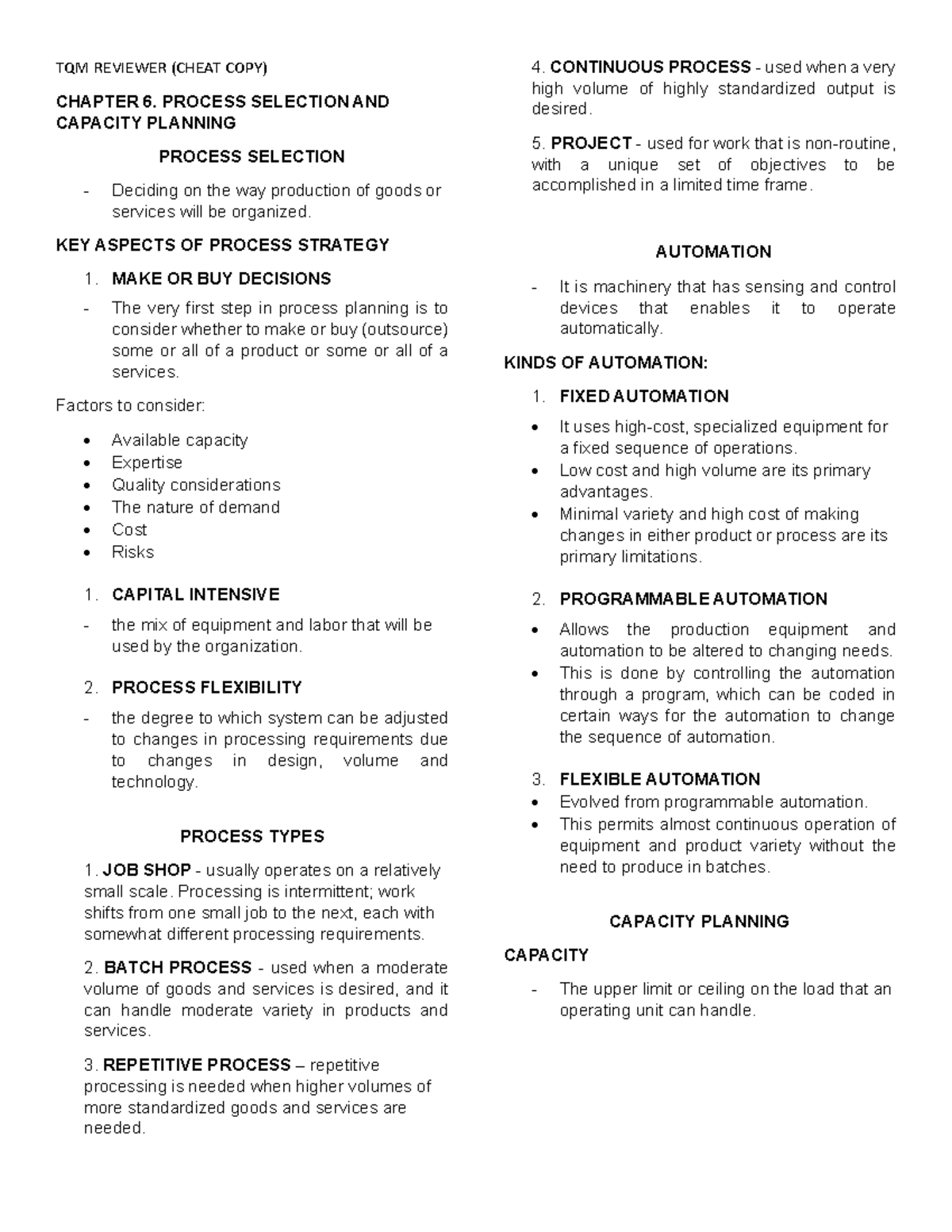 TQM Notes: Process Selection & Capacity Planning (CH 6 & 7) - Studocu
