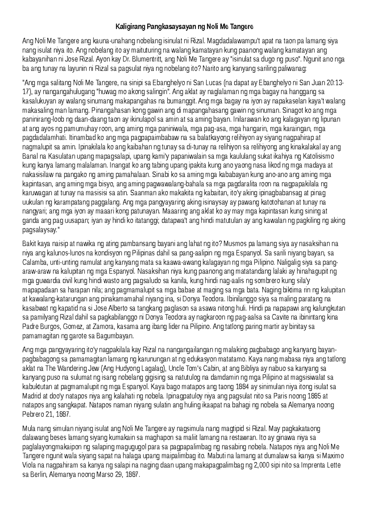 Kaligirang Pangkasaysayan ng Noli Me Tangere: Isang Pagsusuri - Studocu