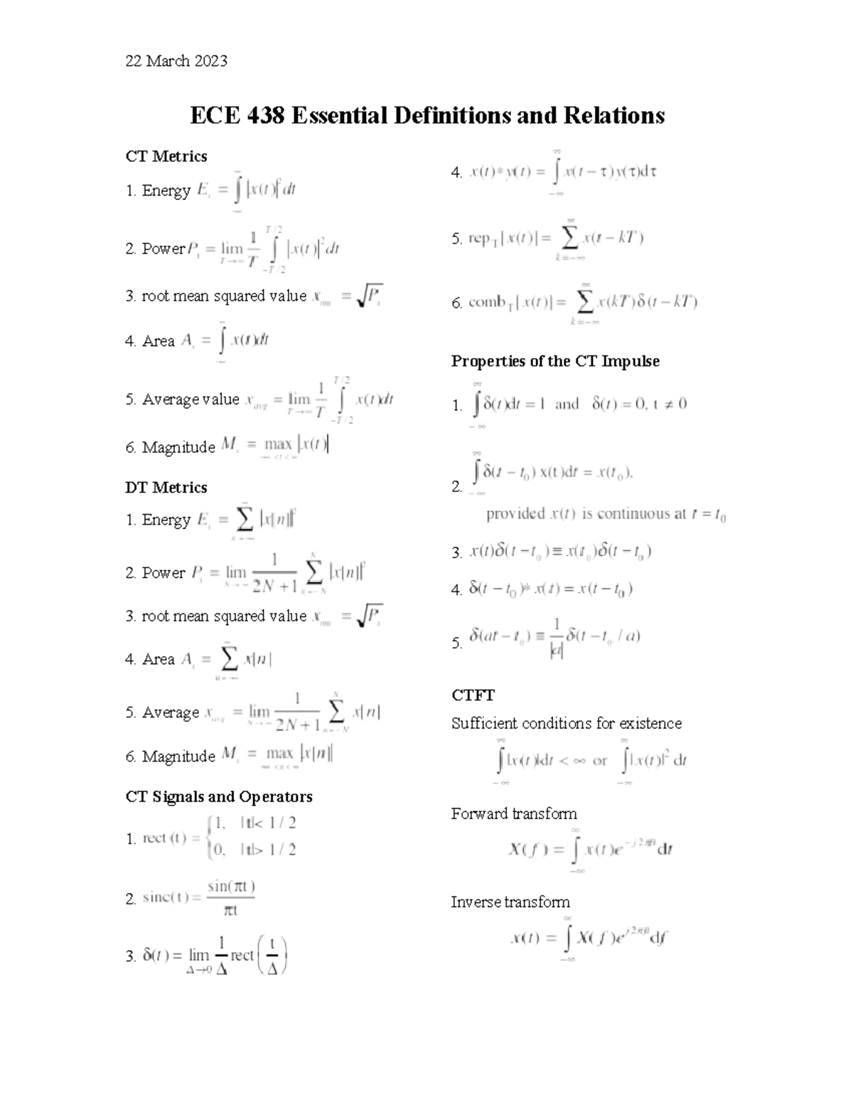 Formulas exam2 - good - 22 March 2023 ECE 438 Essential Definitions and ...