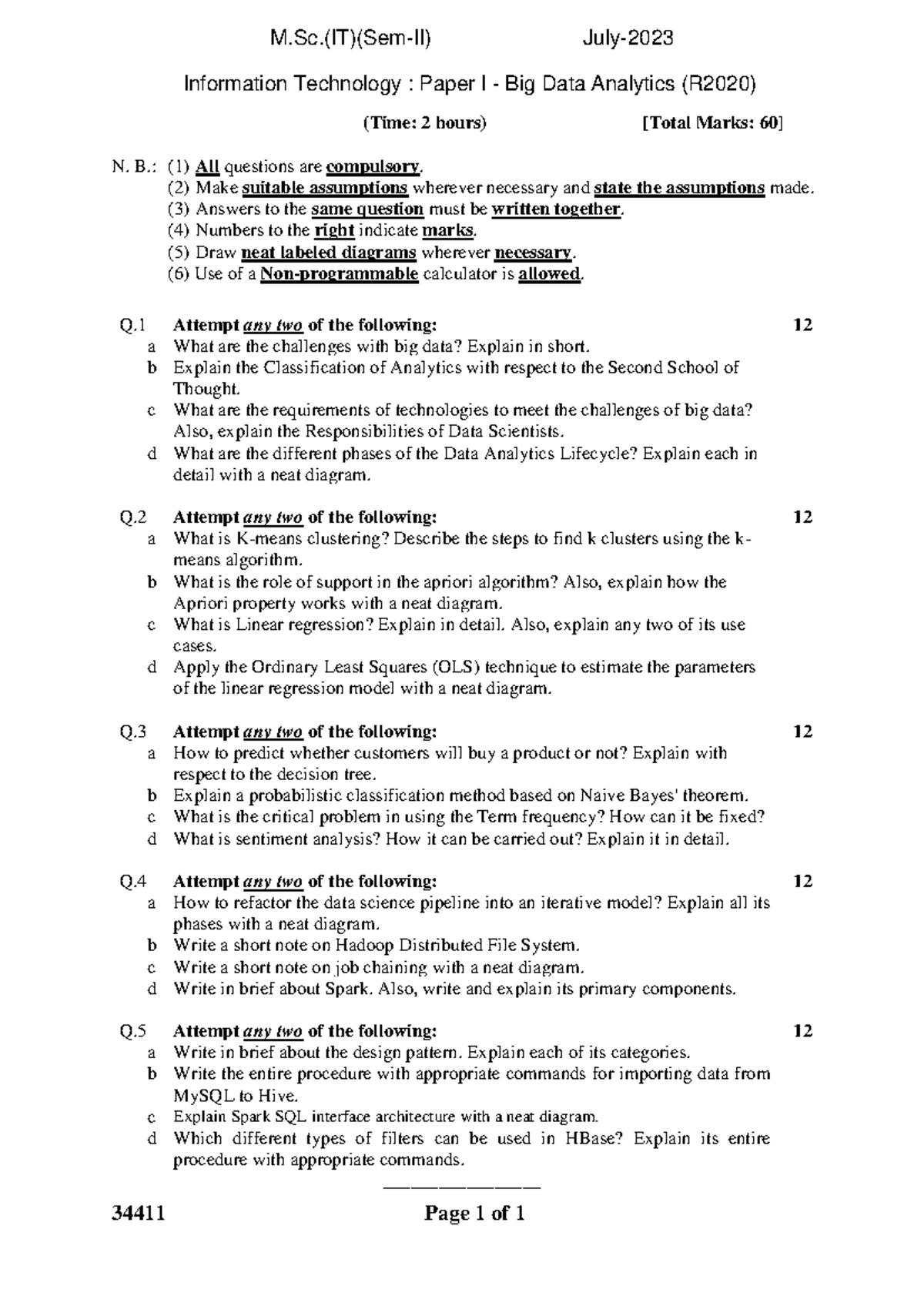Big Data Analytics: Paper I Exam Questions (R2020) - July 2023 - Studocu