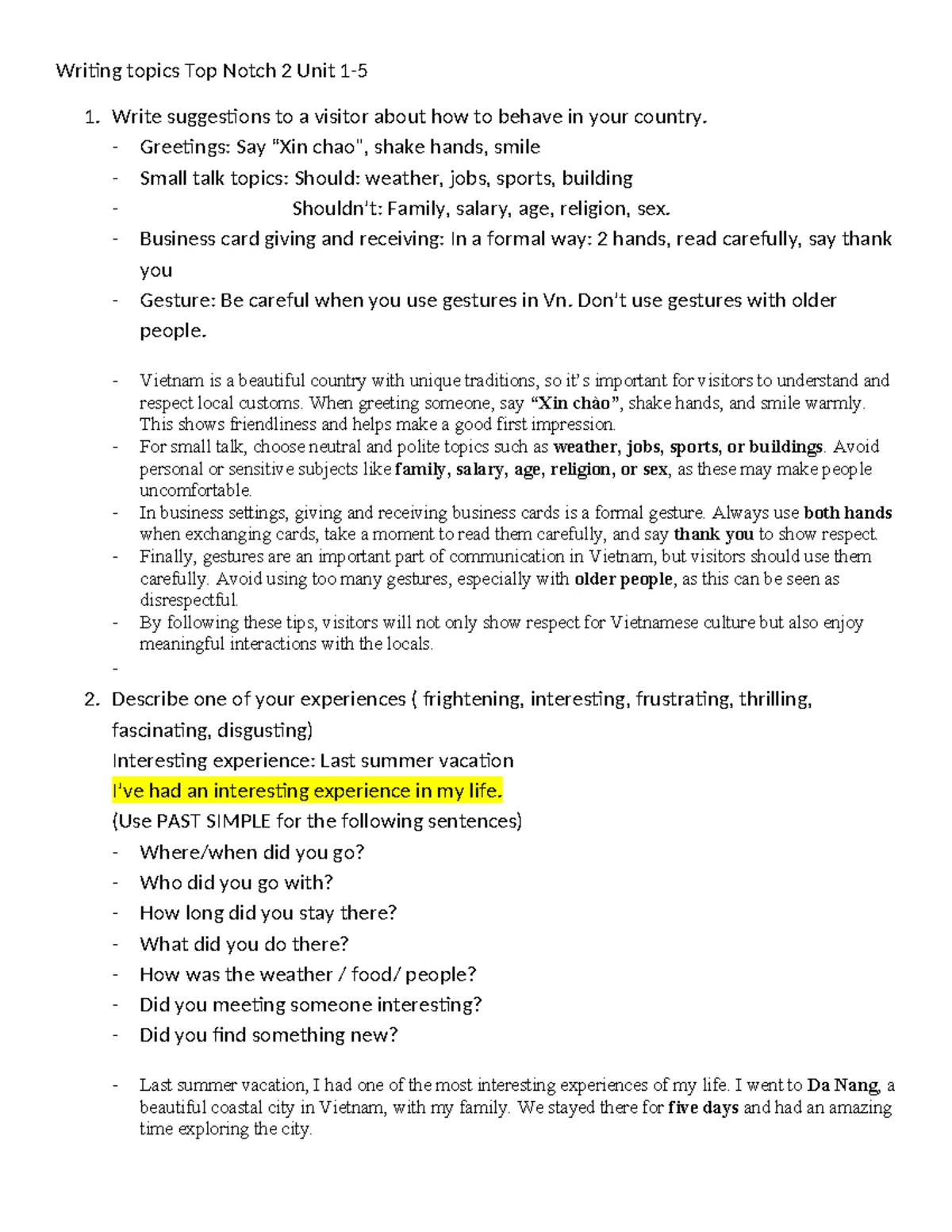 NÓI PART 1 & 2: Template for Writing Responses and Opinions - Studocu