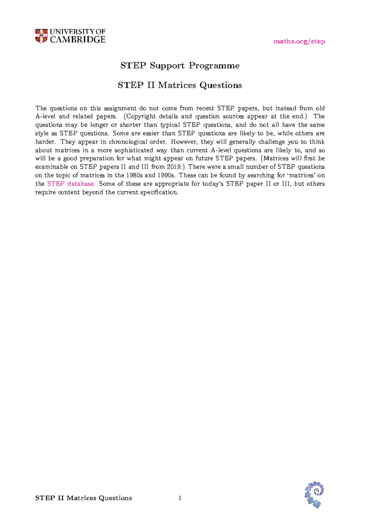STEP II Matrices Questions - Comprehensive Problem Set Analysis - Studocu