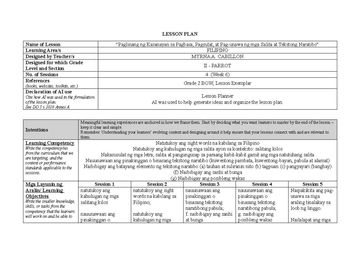 Filipino 2 DLL (NEW Format) - Week 6 Lesson Plan on Sight Words and ...