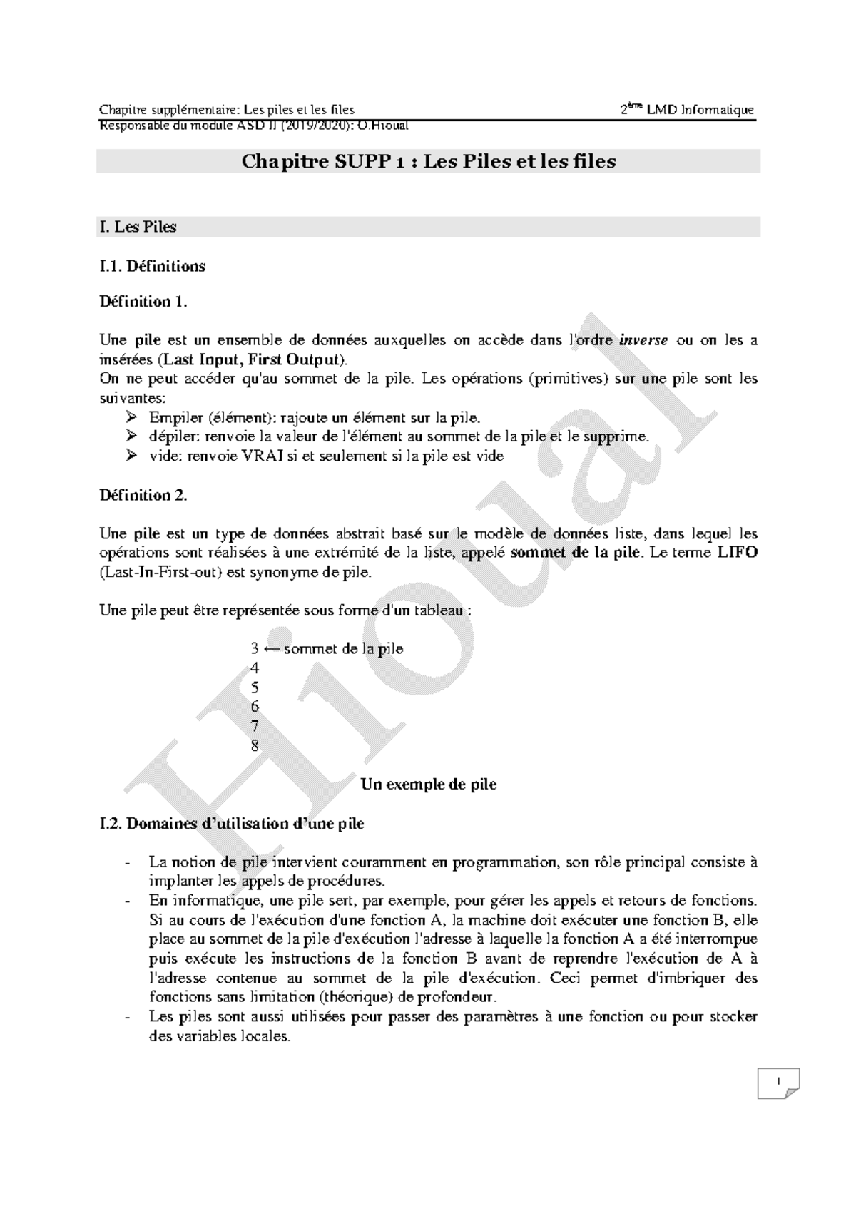Chap. SUPP1 ASD II : Piles et Files en Informatique (2019/2020) - Document Preview