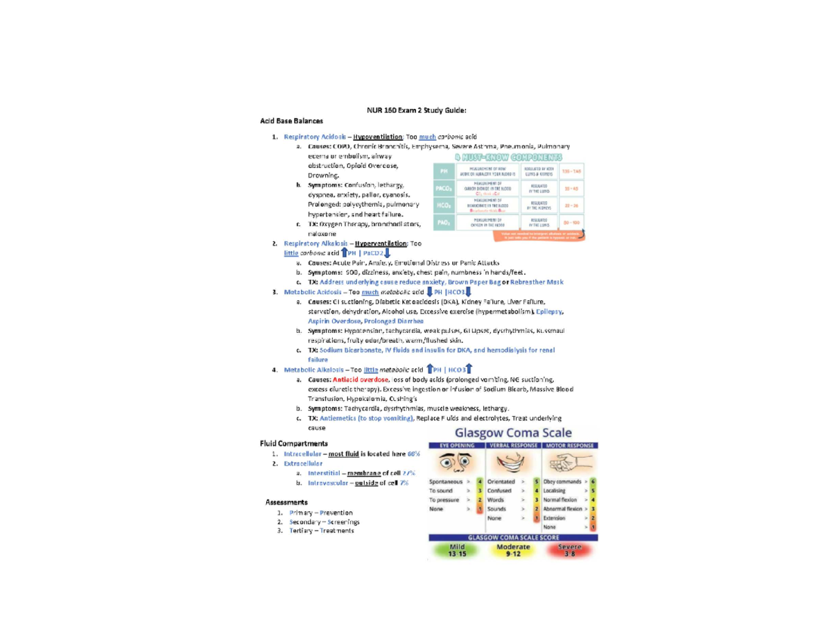 NUR 160 Exam 2 Study Guide: Acid-Base Balance Overview - Studocu