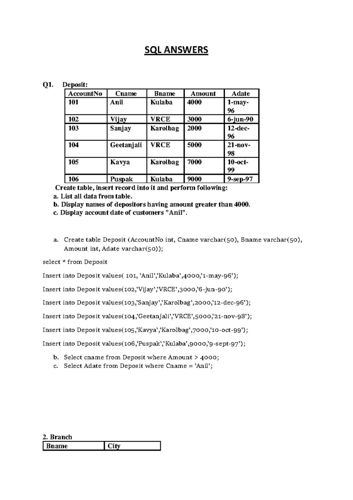 SQL Answers - nothing - SQL ANSWERS Q1. Deposit: AccountNo Cname Bname ...