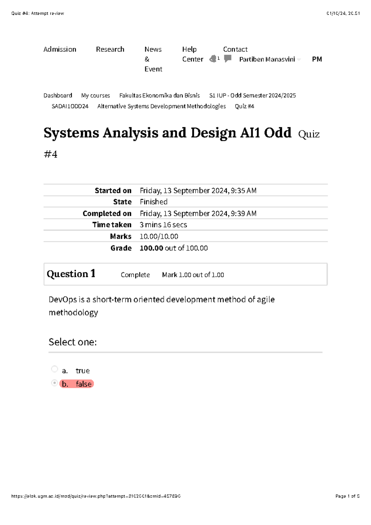 Quiz Attempt Review for SADAI1ODD24: Systems Analysis and Design - Studocu