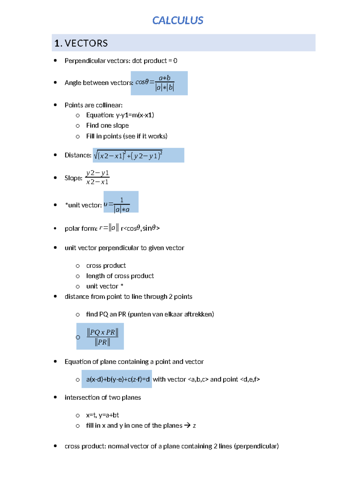 Calculus Vectors Study Notes - Key Concepts and Formulas - Studeersnel