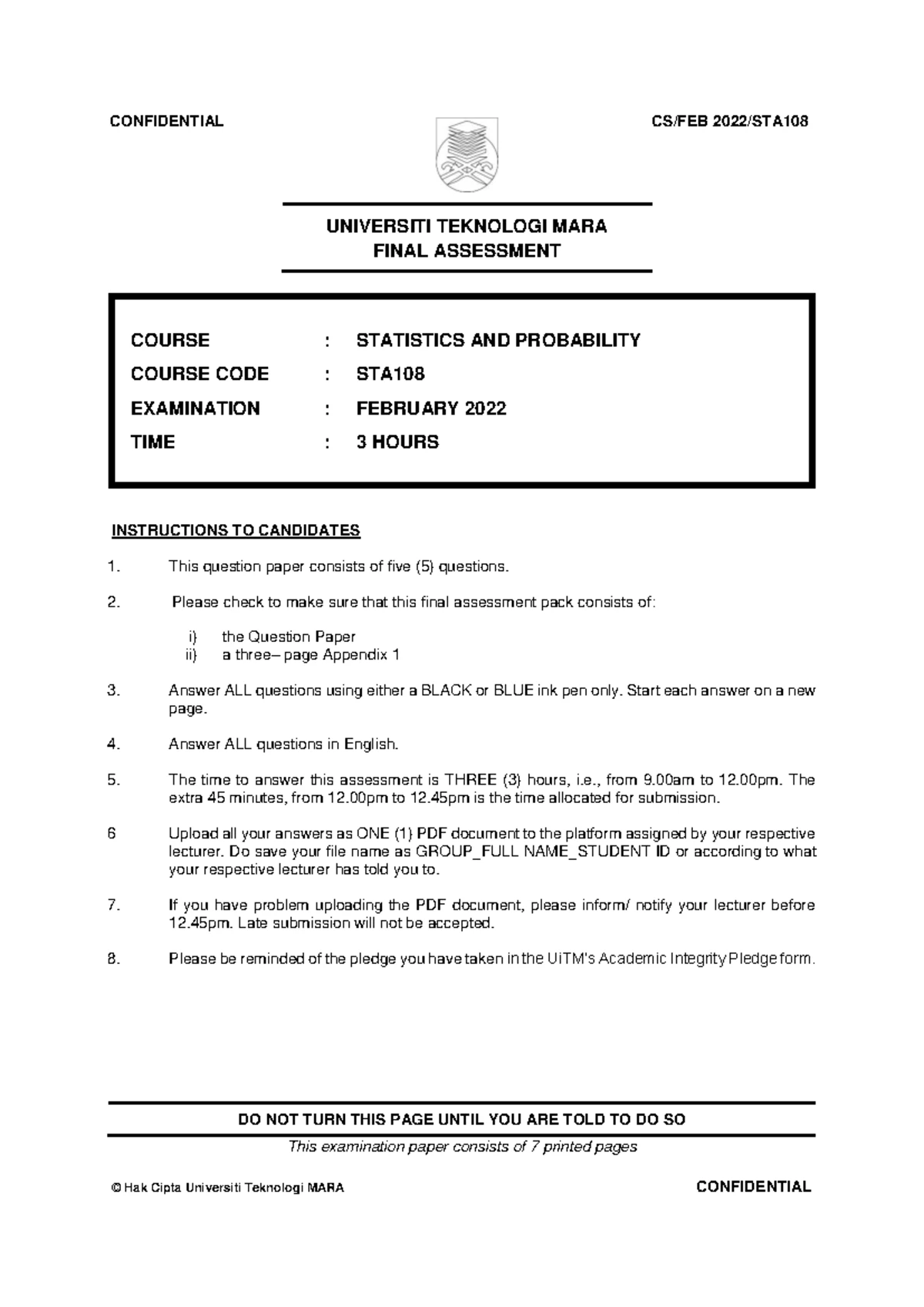 STA108 FEB 2022 - UNIVERSITI TEKNOLOGI MARA FINAL ASSESSMENT COURSE ...