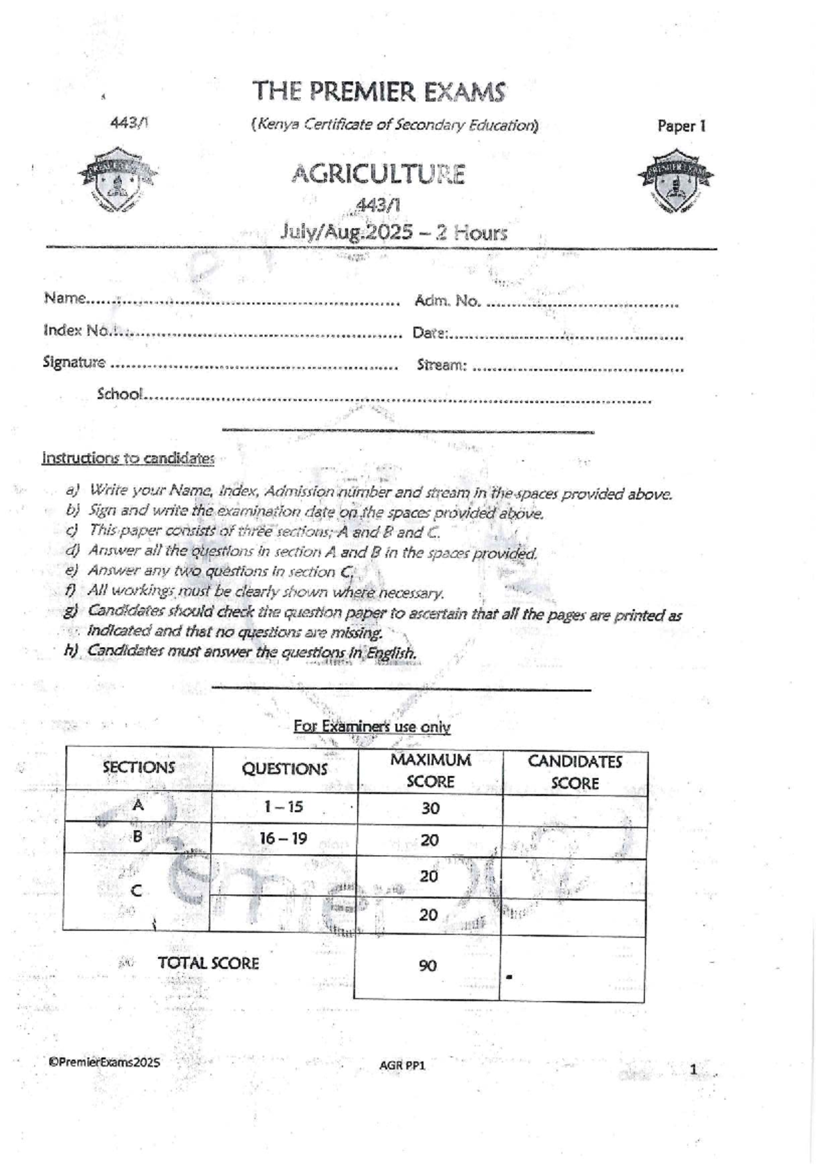 Agriculture PP1 - KCSE Paper 1 Exam Questions - Studocu