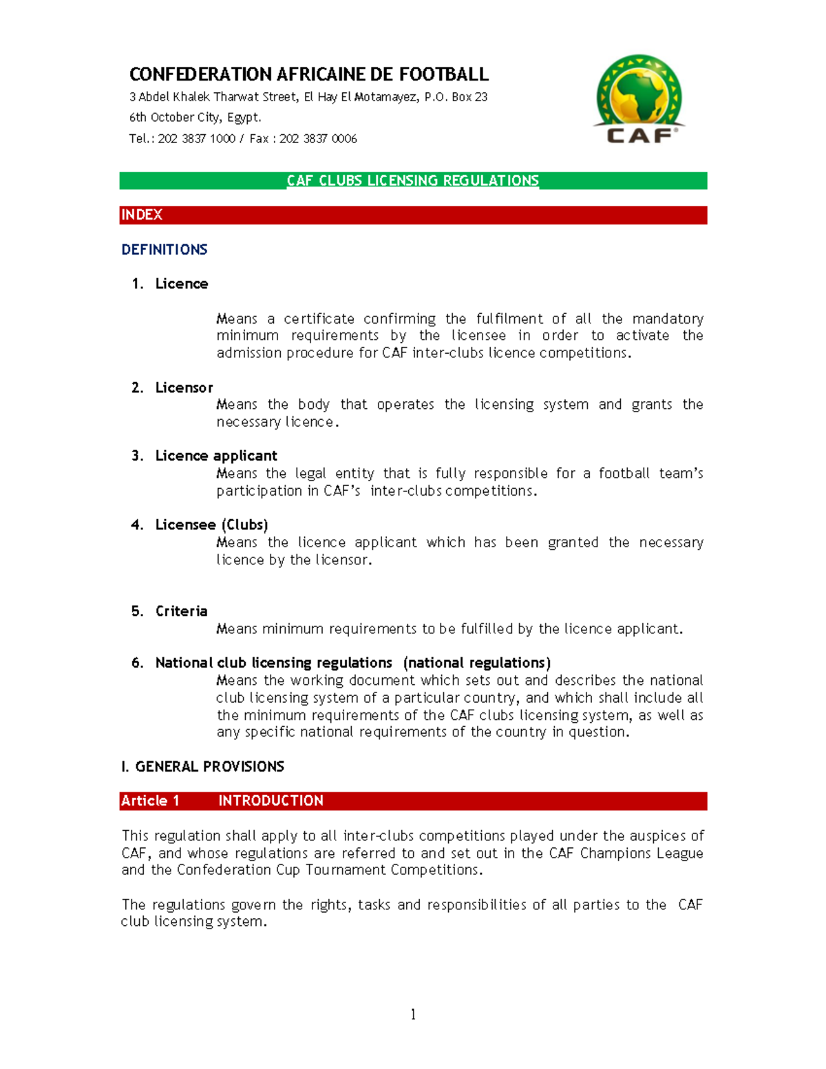 CAF Clubs Licensing Regulations Overview and Guidelines - Studocu