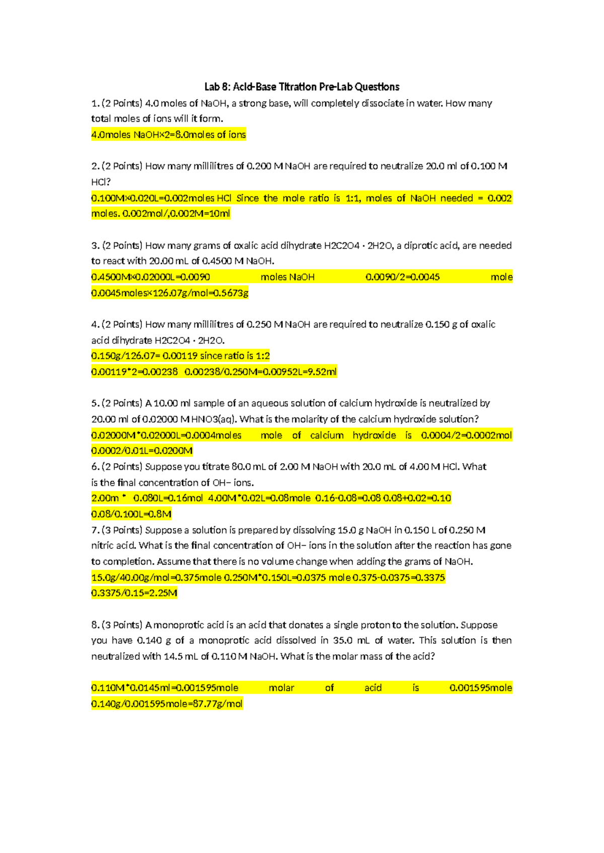 Lab 8: Acid-Base Titration Pre-Lab Qs and Safety Guidelines - Studocu