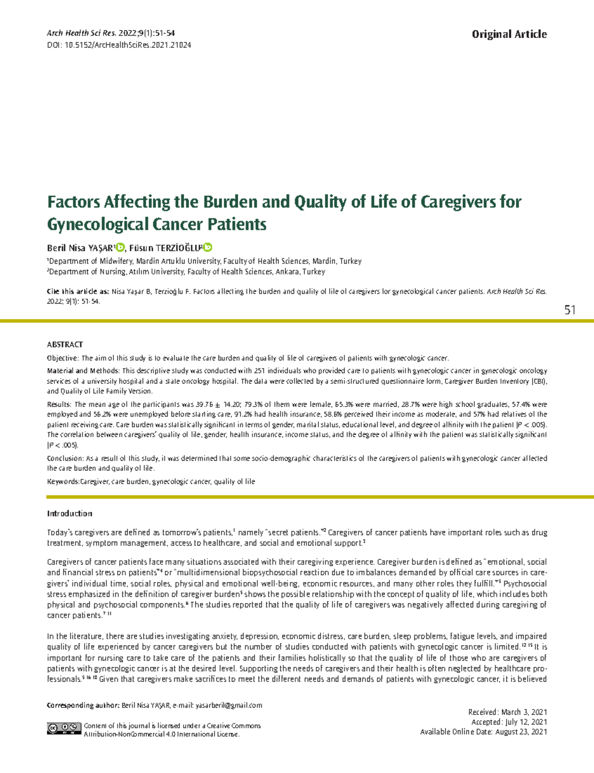 Factors Affecting Caregiver Burden & Quality of Life in Gynecologic ...