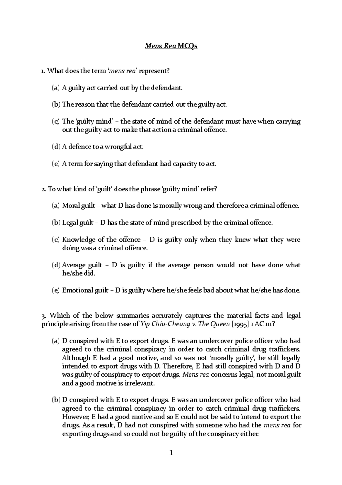 Mens Rea MCQs Study Guide: Key Concepts & Case Applications - Studocu