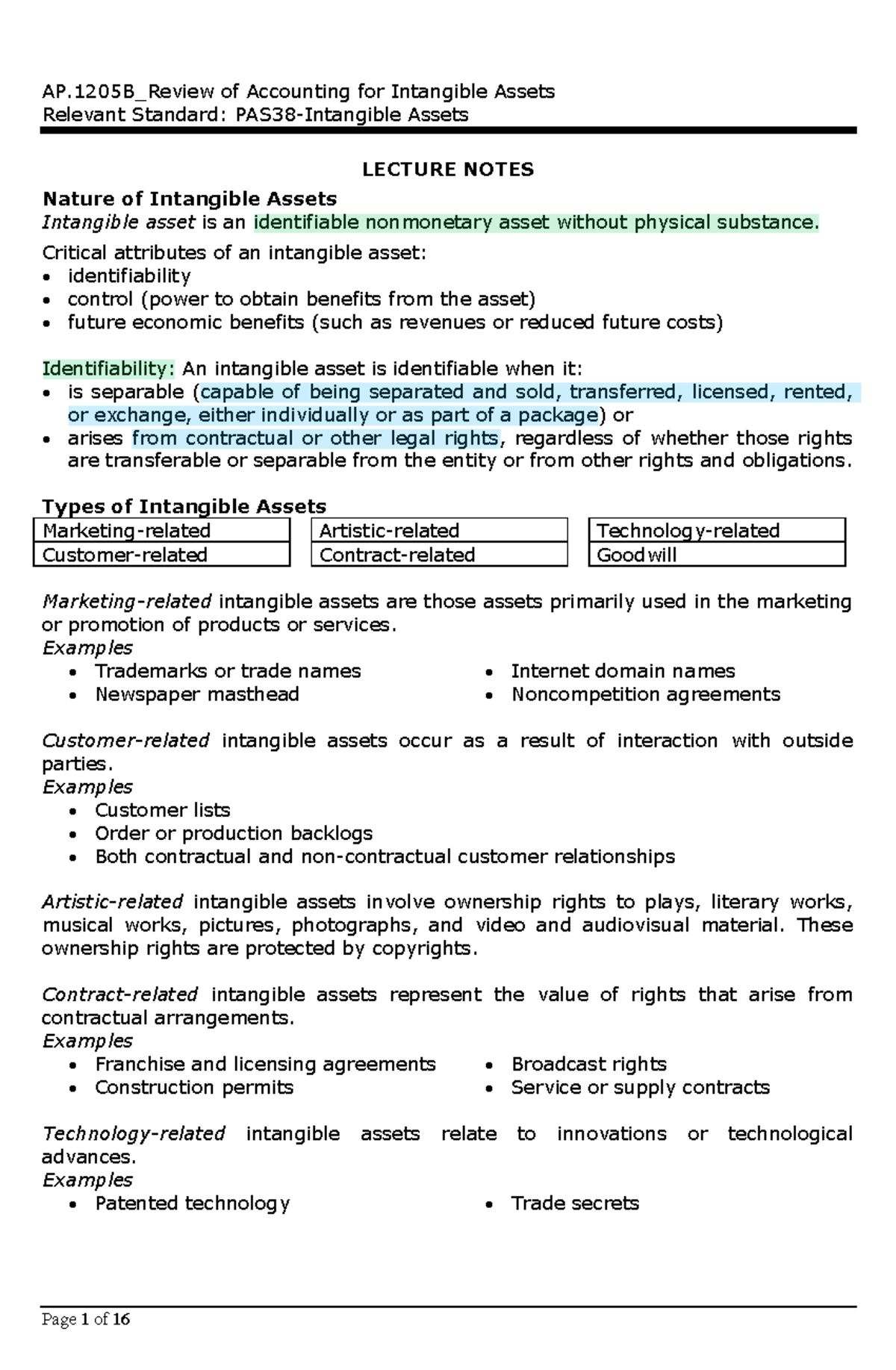 AP.1205B_Lecture Notes on Accounting for Intangible Assets - Studocu
