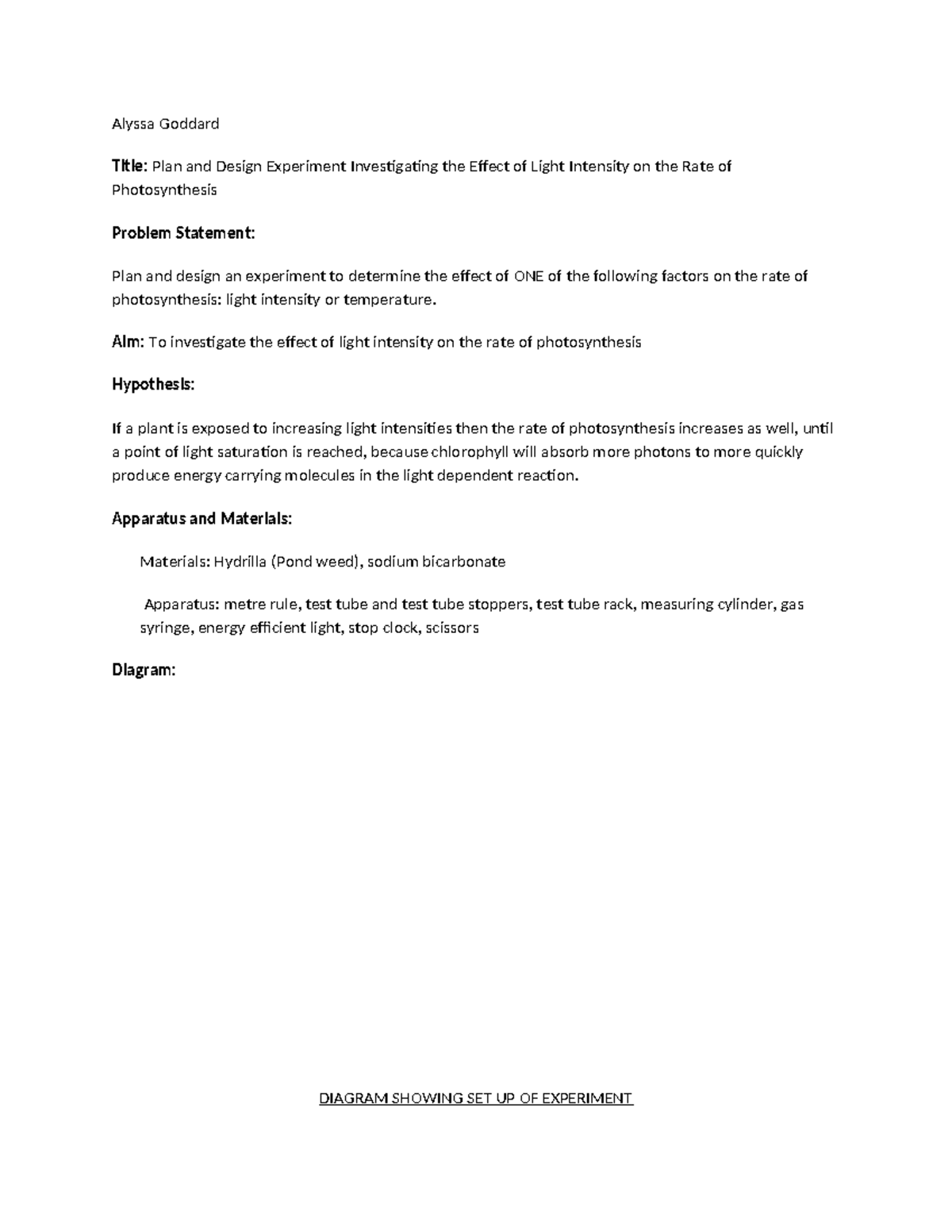 Bio PD 1 - Experiment Design: Light Intensity's Effect on ...