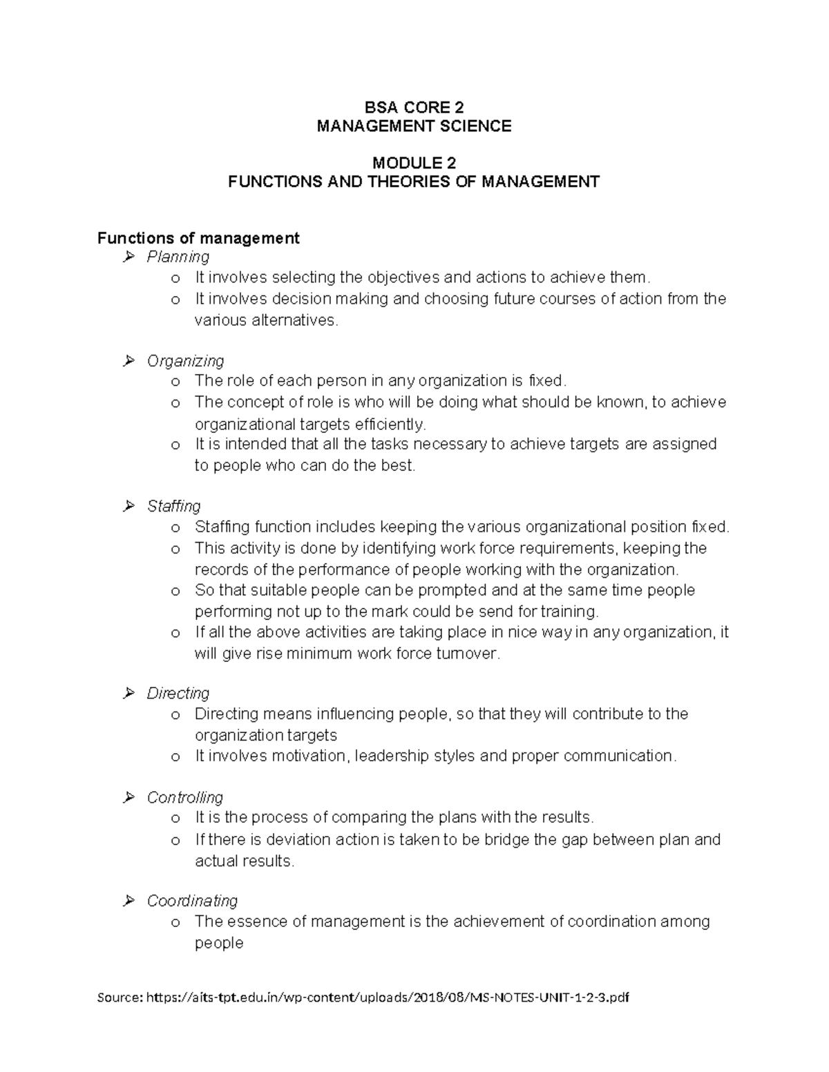 BSA CORE 2 M2 - Functions and Theories of Management Overview - Studocu