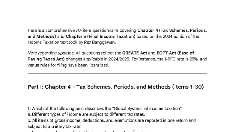 Comprehensive Questionnaire on Chapter 4 & 5 Income Taxation (2024 ...