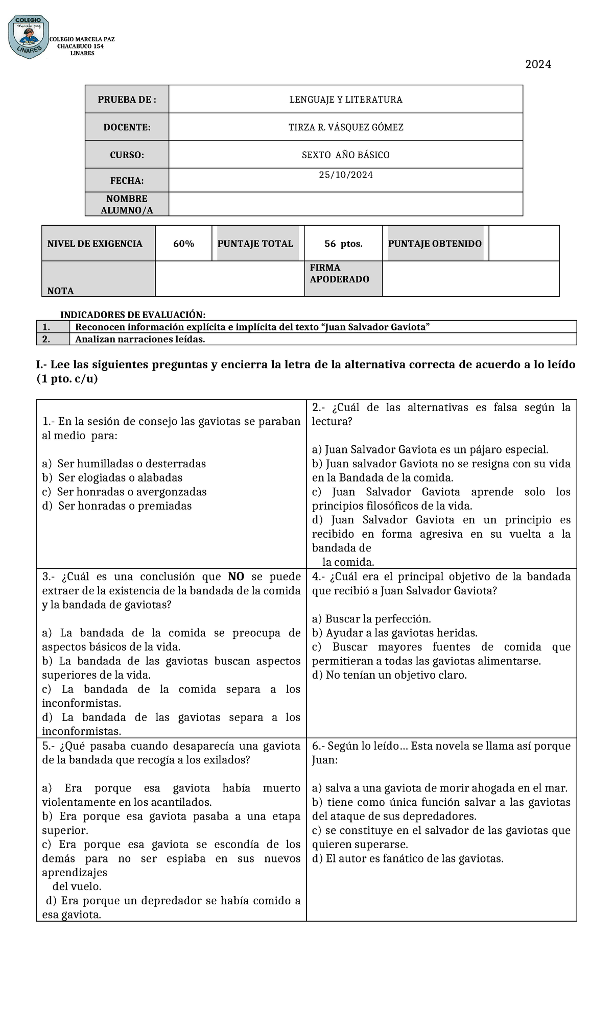 Prueba de Lenguaje y Literatura: Juan Salvador Gaviota - Sexto Año B 2024 - Document Preview