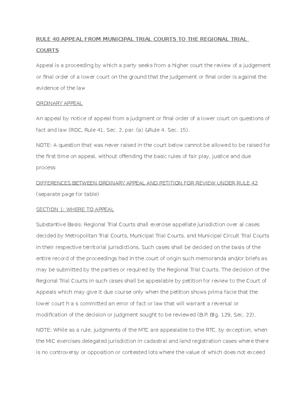 Civ Pro 2: Rules on Appeals from MTC to RTC (ROC 40-45) - Studocu