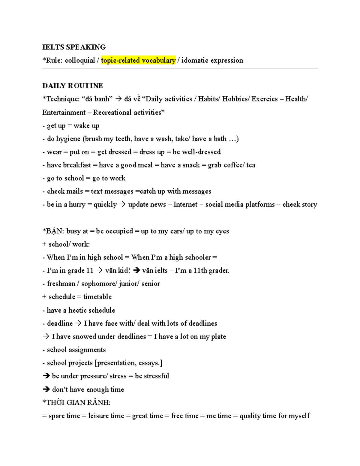 IELTS Speaking Part 1: Colloquial Vocabulary & Daily Routine - Studocu