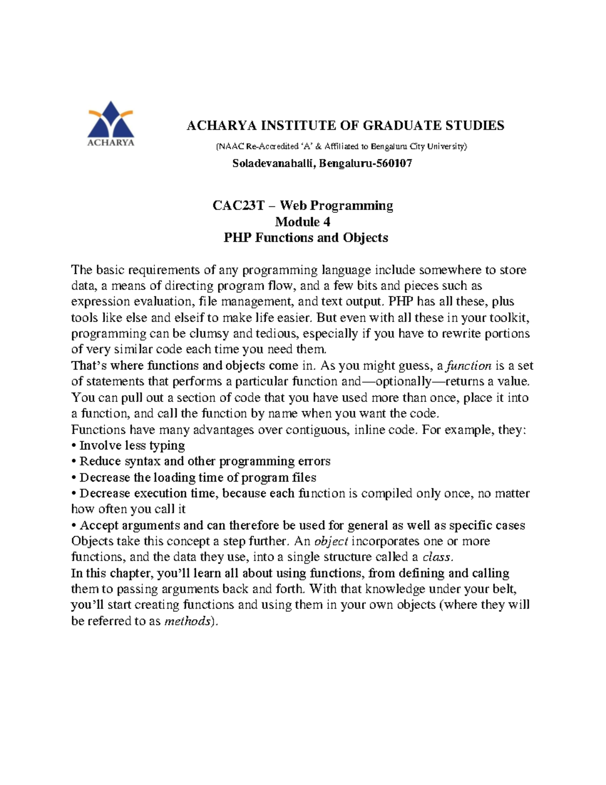 Module 4 - PHP Functions and Objects Notes (CAC23T) - Studocu