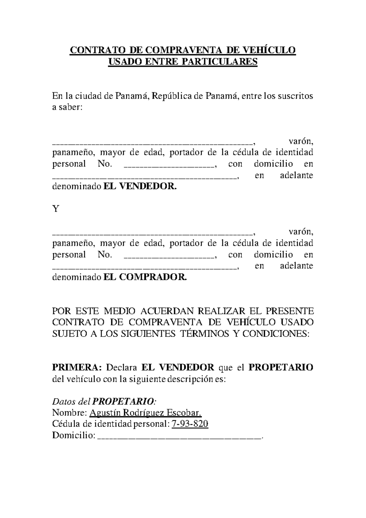Contrato de Compraventa de Vehículo Usado - Panamá - Studocu