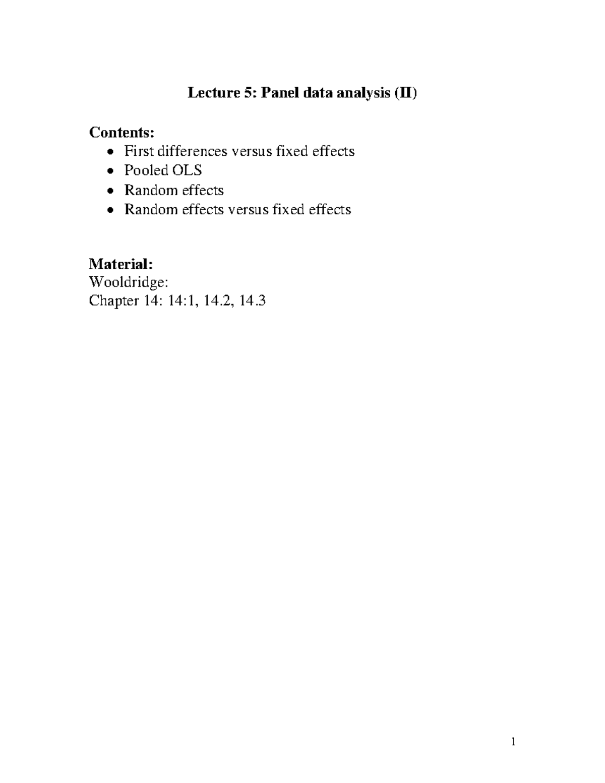 Lecture 5: Panel Data Analysis II (EE 2018) - Fixed vs. Random Effects ...